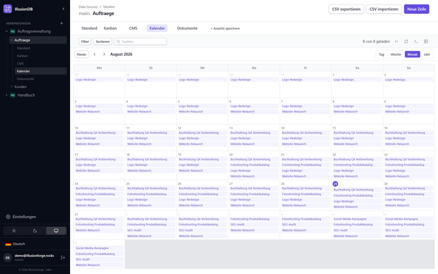 Calendar month view with orders shown as time bars