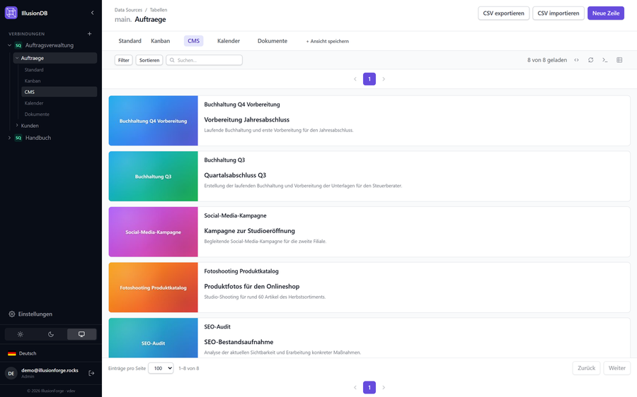 CMS card view with cover images, title, and teaser text
