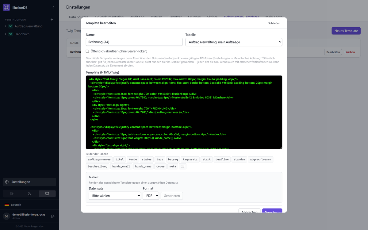 Document template editor with an HTML/Twig invoice template and field picker