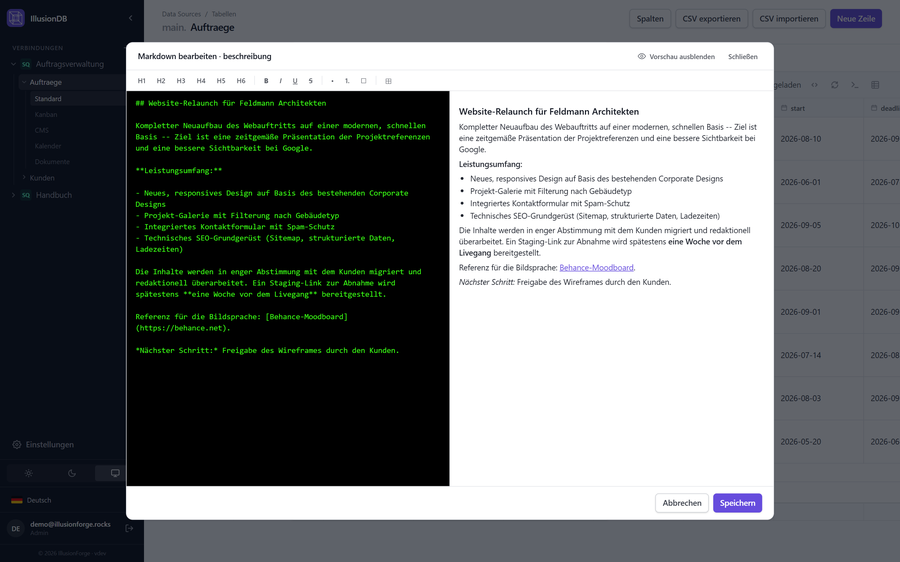 Markdown editor with a formatting toolbar above a record form