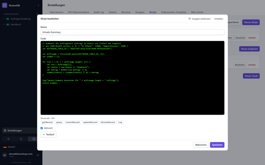 Script editor with a JavaScript custom endpoint