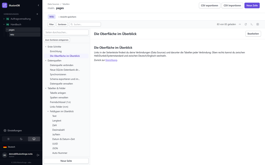 Wiki view with a page tree, here the built-in handbook