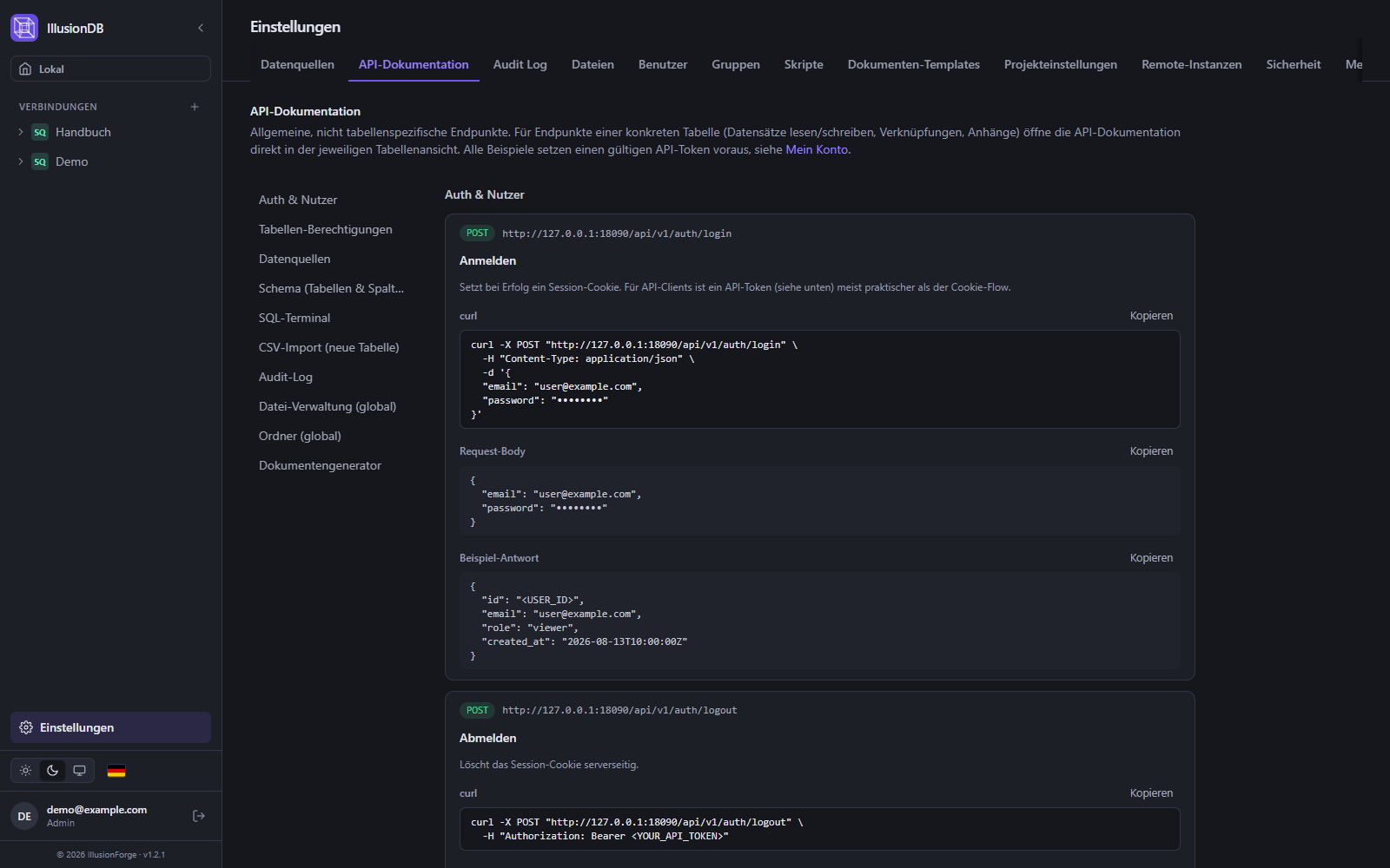 REST-API-Dokumentation in IllusionDB mit curl-Beispielen