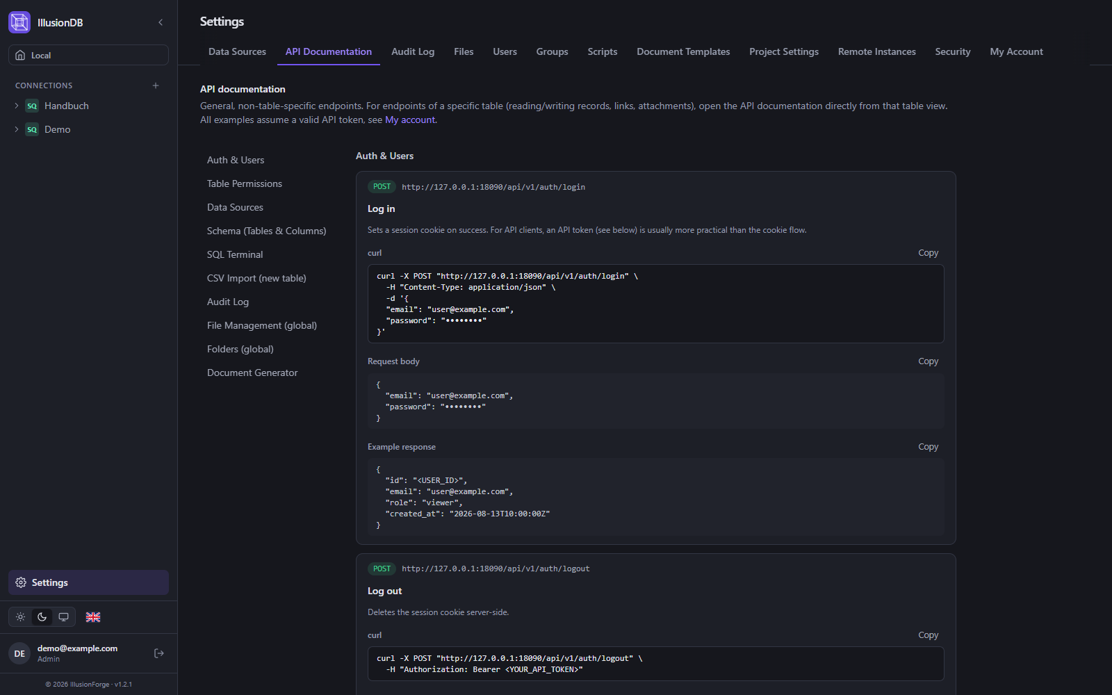 IllusionDB REST API documentation inside the app with curl examples