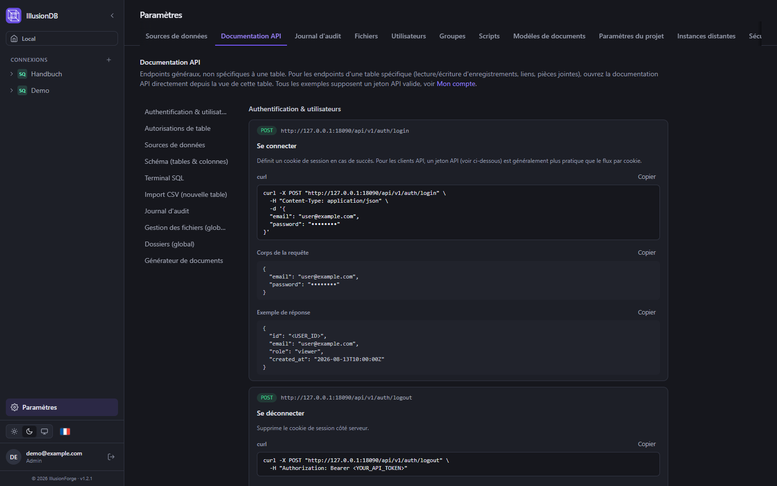 Documentation de l’API REST dans IllusionDB avec exemples curl