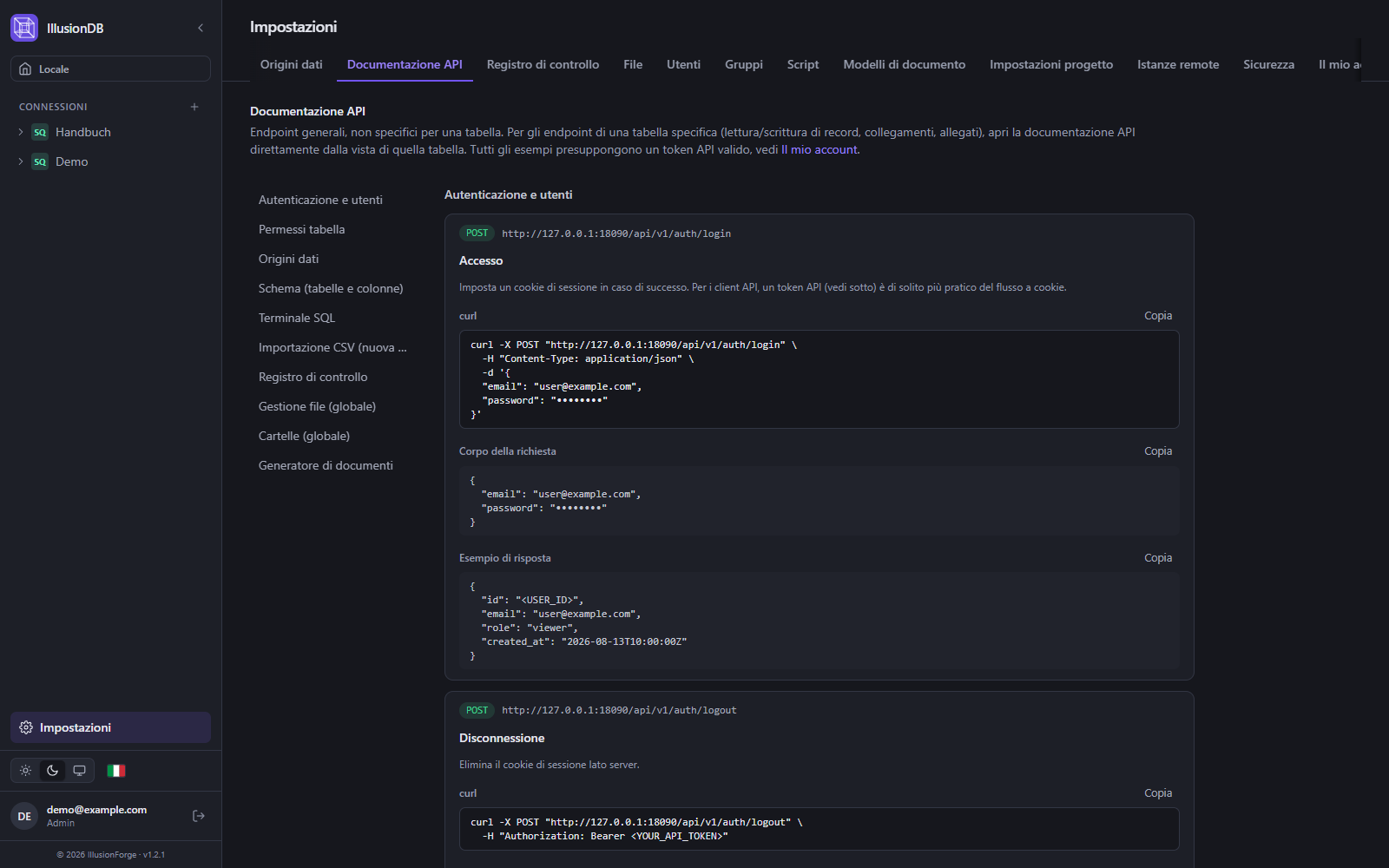 Documentazione dell’API REST in IllusionDB con esempi curl