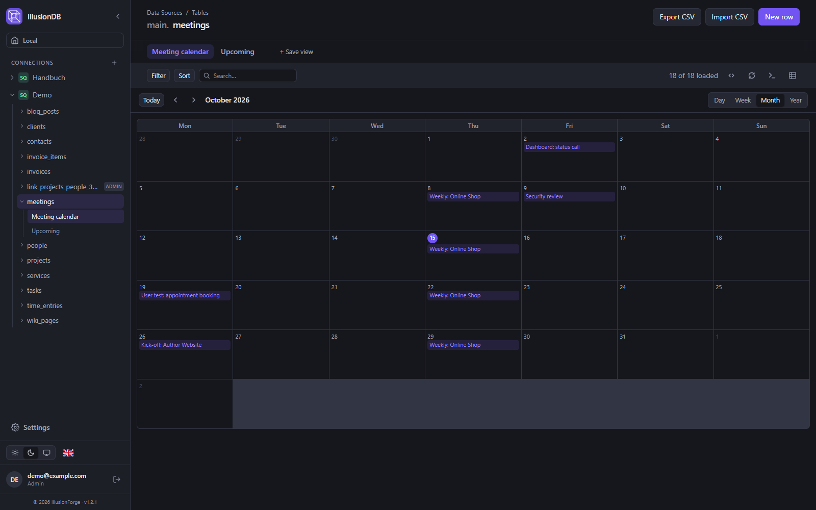 IllusionDB calendar view: meetings of the month from a date field