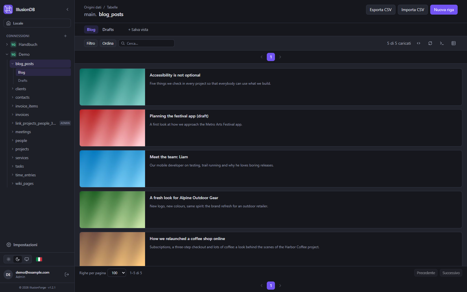 Vista CMS di IllusionDB: articoli del blog come schede con immagine, titolo e anteprima