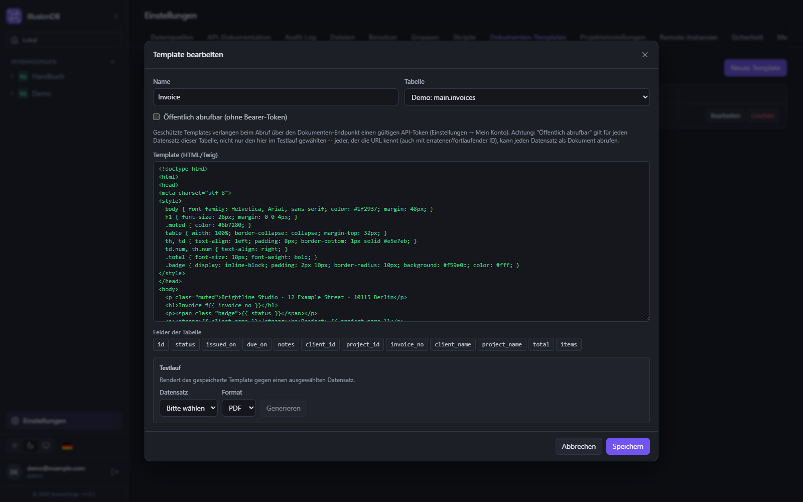 IllusionDB-Dokumentengenerator: Rechnungsvorlage in HTML mit Platzhaltern bearbeiten