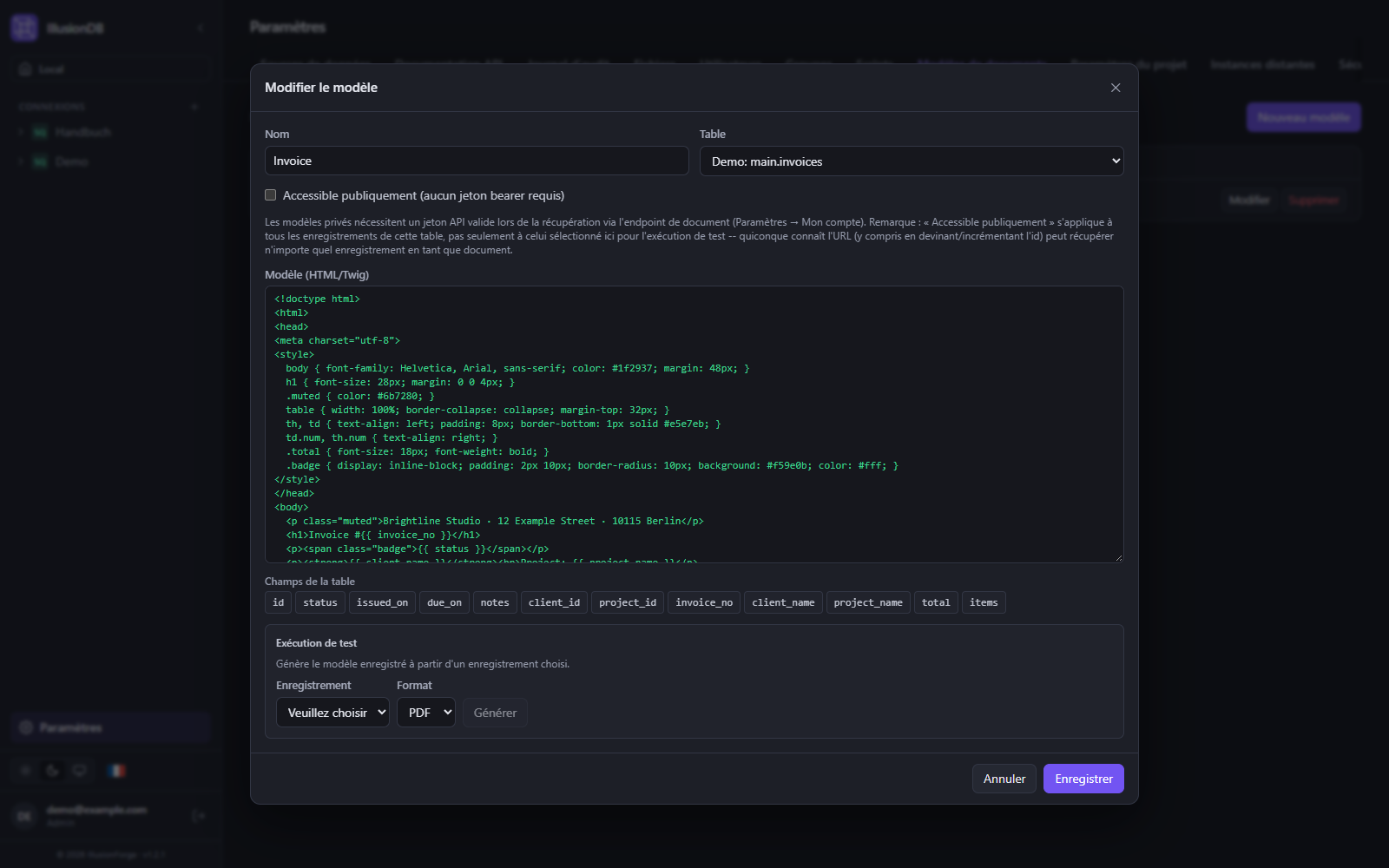 Générateur de documents d’IllusionDB : modification d’un modèle de facture en HTML