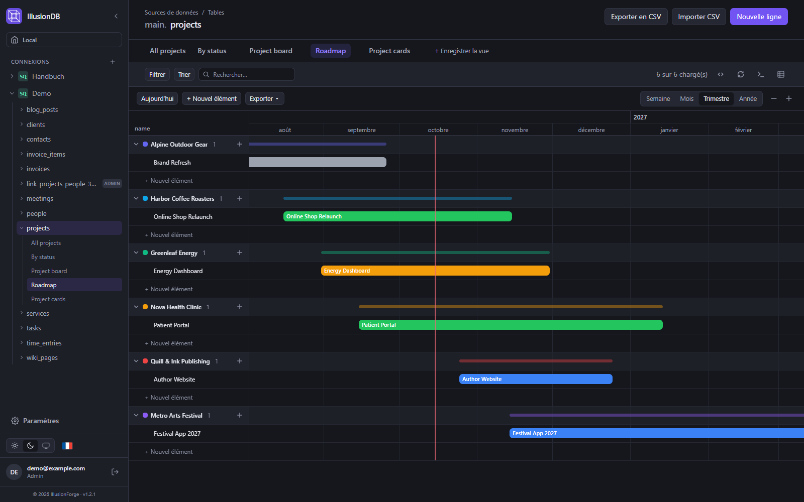 Vue Gantt d’IllusionDB : feuille de route des projets avec barres par client sur plusieurs mois