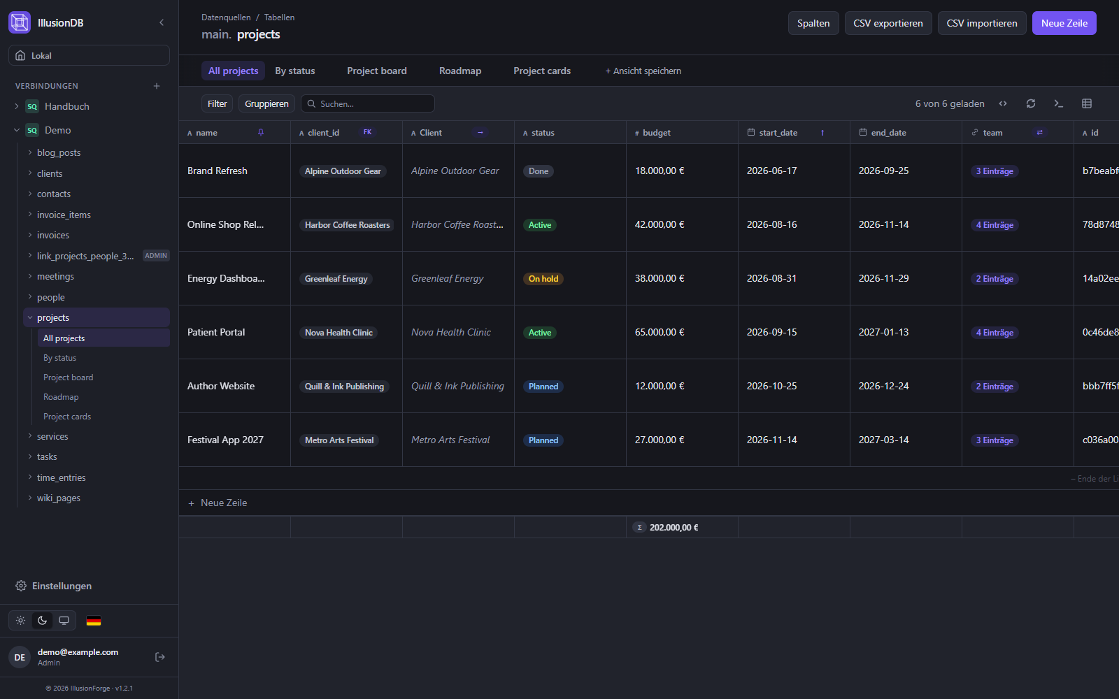 IllusionDB-Grid-Ansicht: Projekttabelle mit Kunden, Status, Budget und Terminen wie in einer Tabellenkalkulation