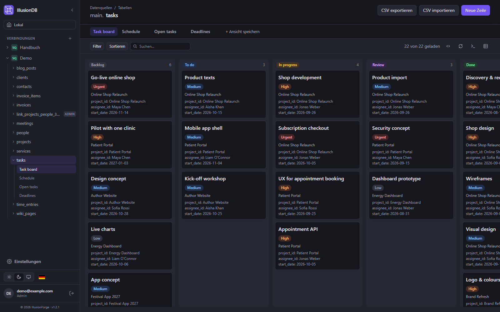IllusionDB-Kanban-Board: Aufgaben nach Status vom Backlog bis erledigt