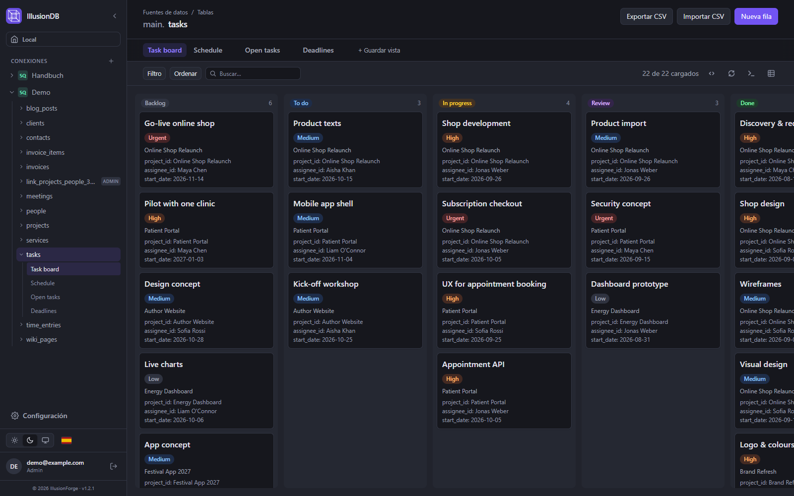 Tablero Kanban de IllusionDB: tareas por estado, del backlog a hecho