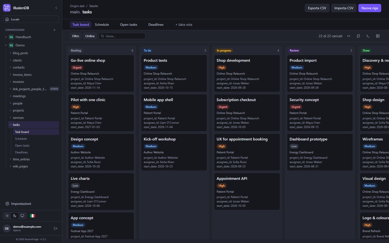 Board Kanban di IllusionDB: attività per stato dal backlog al completato