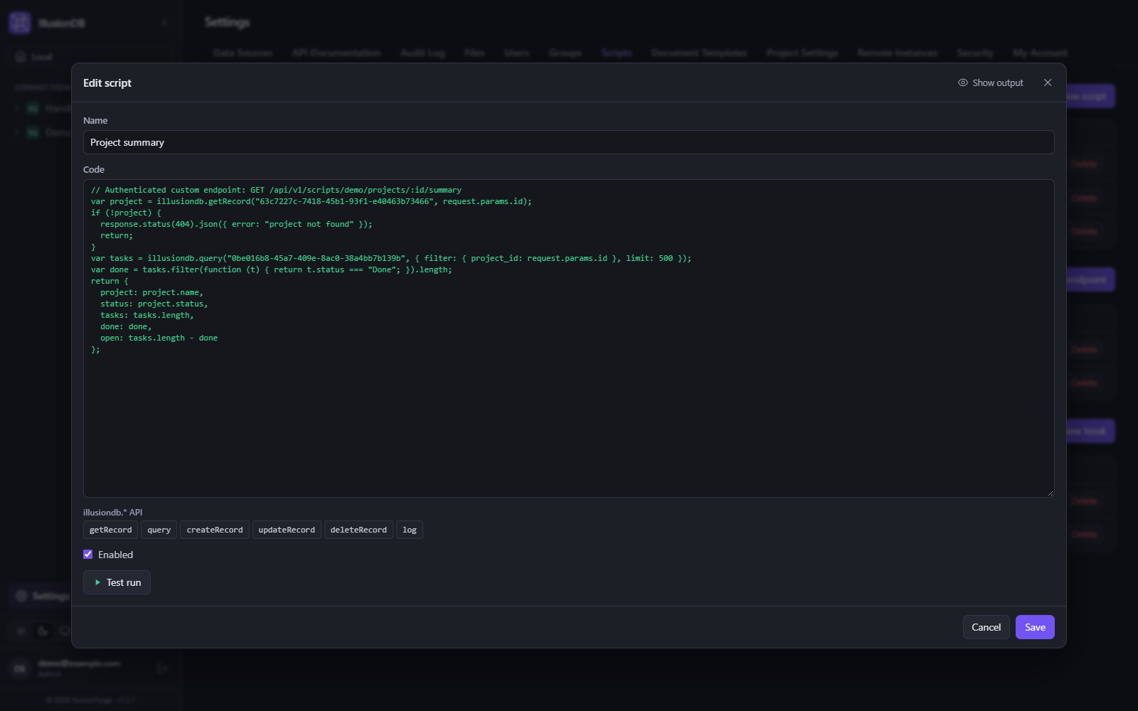 IllusionDB script editor: JavaScript for a custom REST endpoint