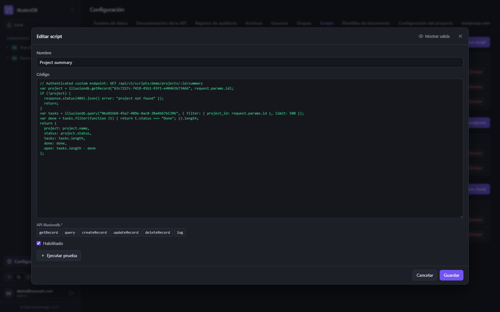 Editor de scripts de IllusionDB: JavaScript para un endpoint REST propio