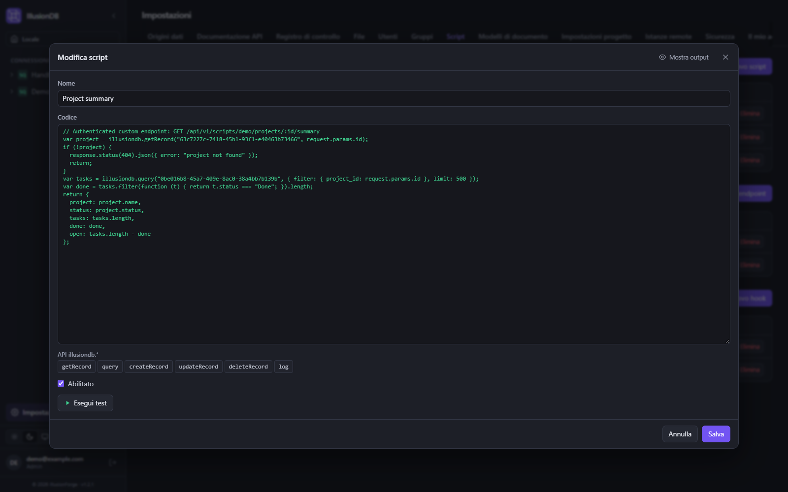 Editor di script di IllusionDB: JavaScript per un endpoint REST personalizzato