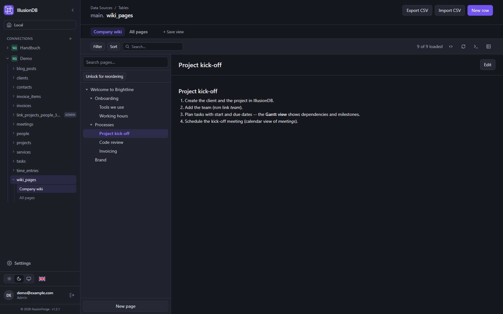 IllusionDB wiki view: page tree with a process page opened